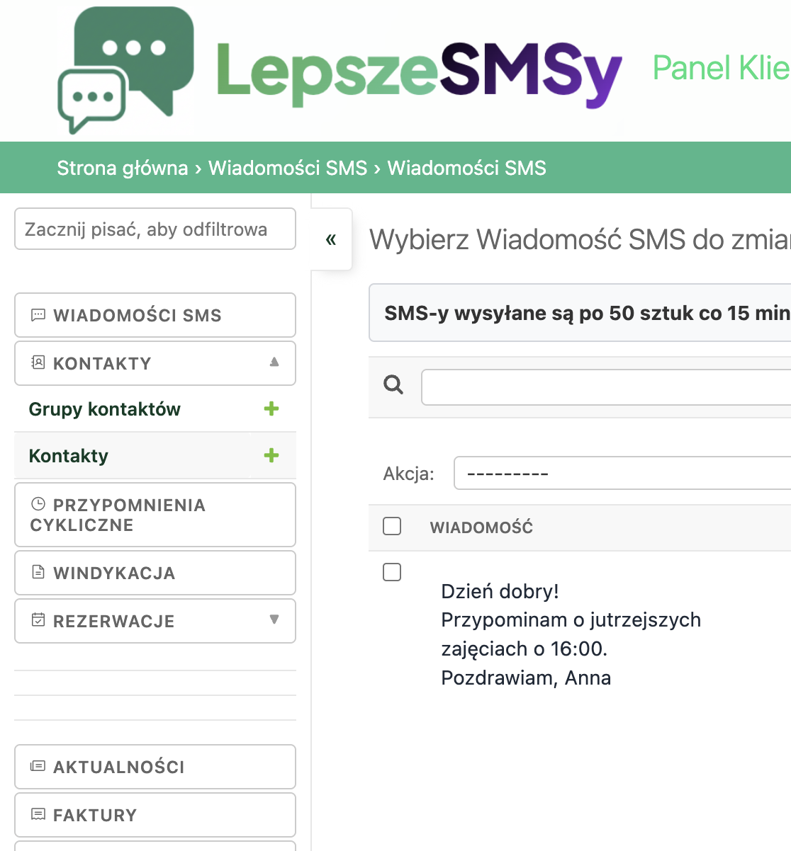 Panel aplikacji LepszeSMSy